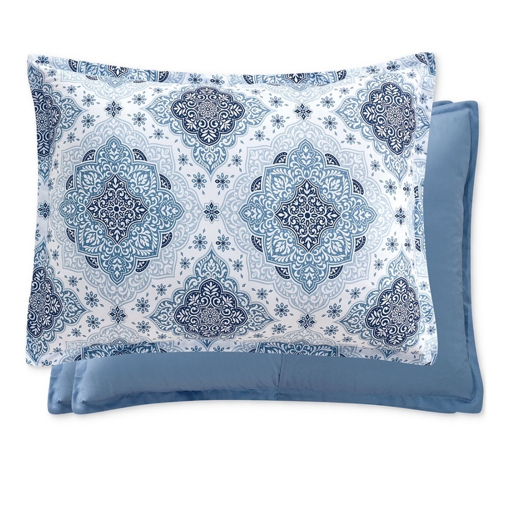 3 Piece Reversible King Comforter Set Blue and White Print - Picture 5 of 6